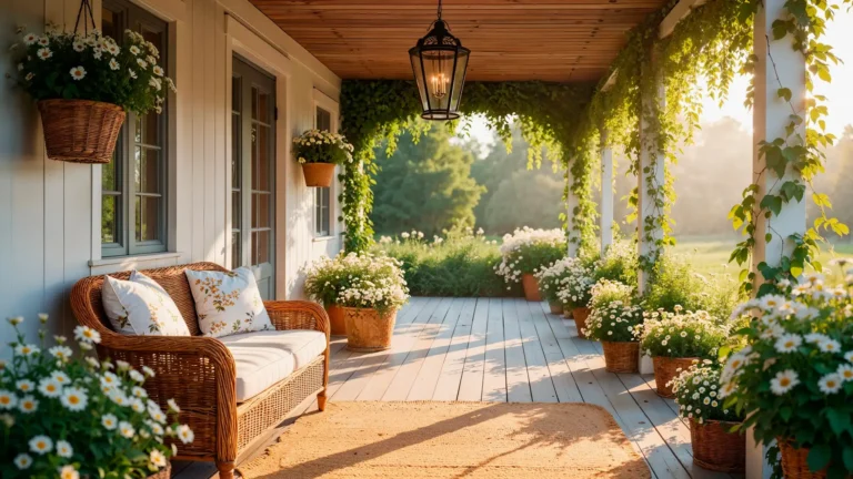 A sunlit wooden porch featuring a wicker loveseat with floral pillows, surrounded by white daisies in hanging baskets and terra cotta pots under a lantern.