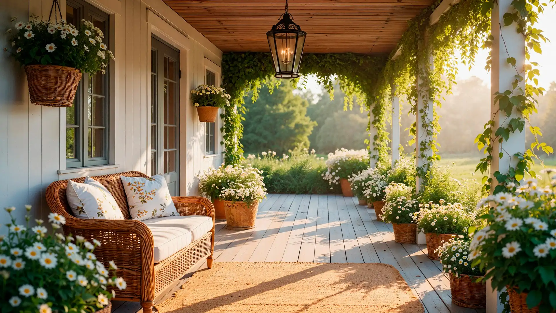 A sunlit wooden porch featuring a wicker loveseat with floral pillows, surrounded by white daisies in hanging baskets and terra cotta pots under a lantern.