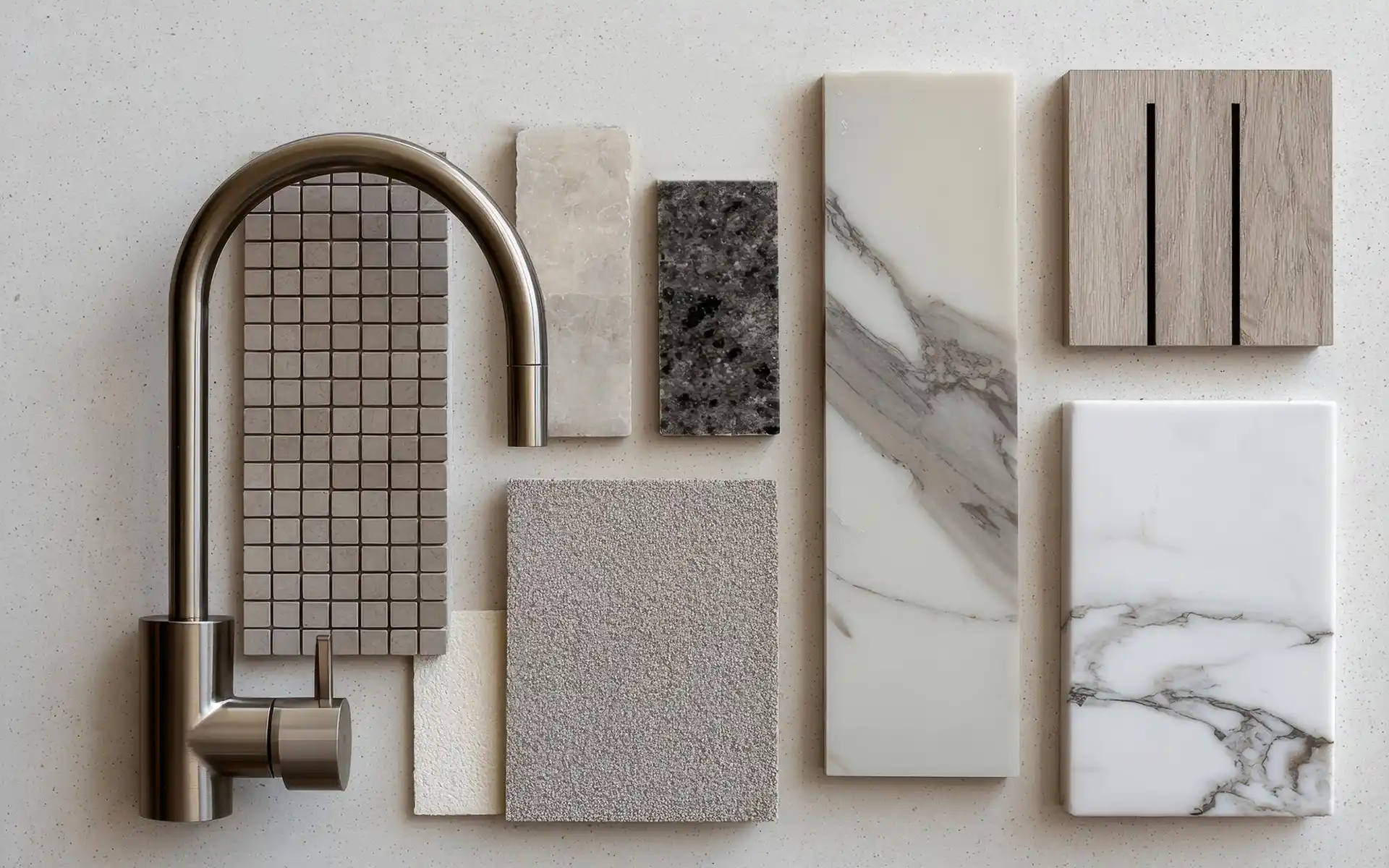Various tile samples including ceramic, glass, and stone for a bathroom project