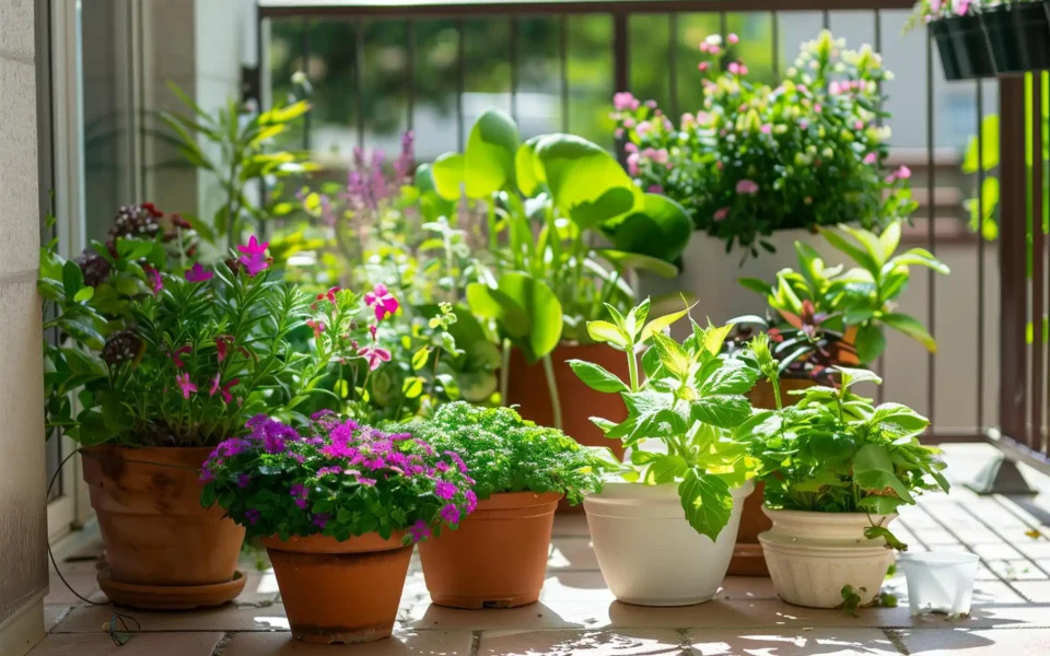 Lush vertical herb garden on a modern apartment balcony with city views