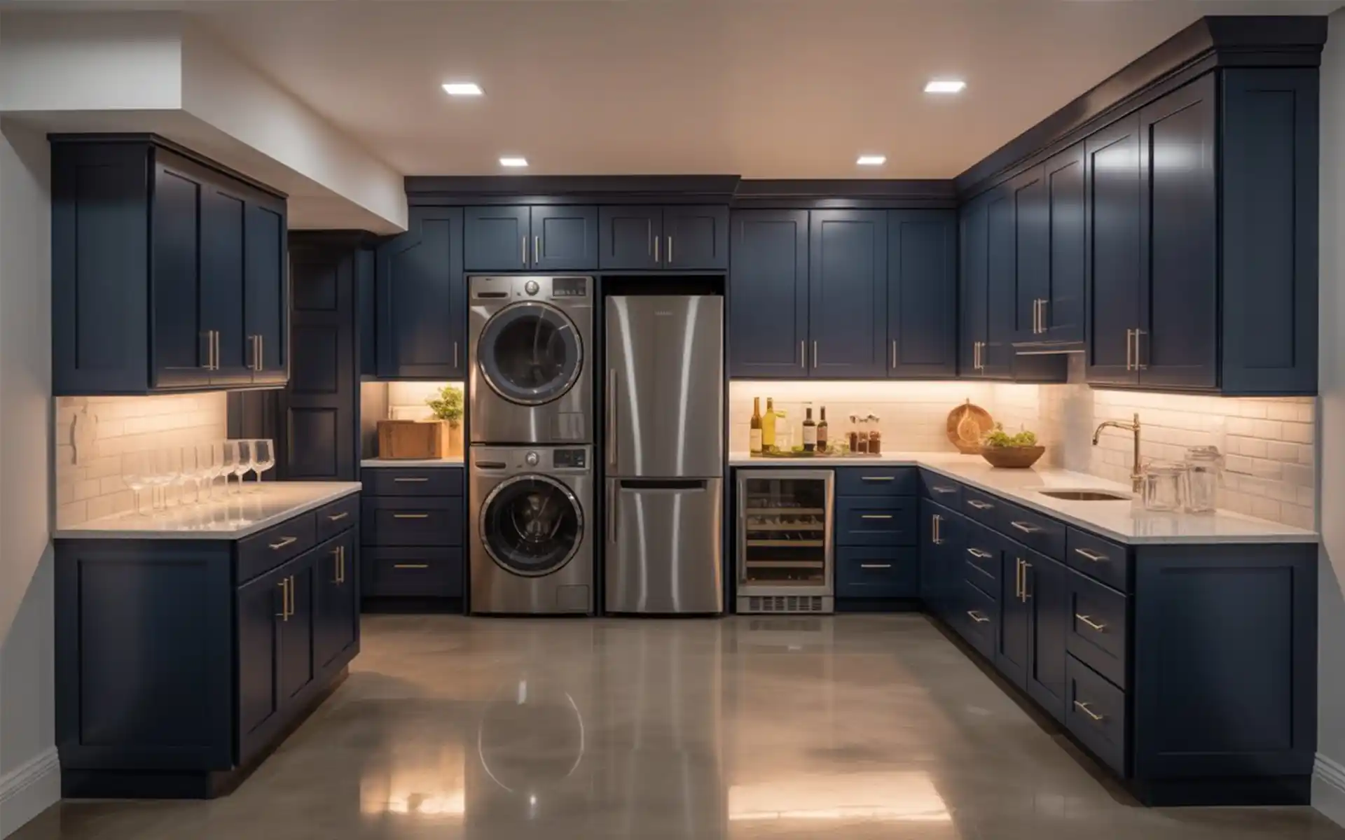 Demonstration of layered lighting in a basement with recessed lights and floor lamps.