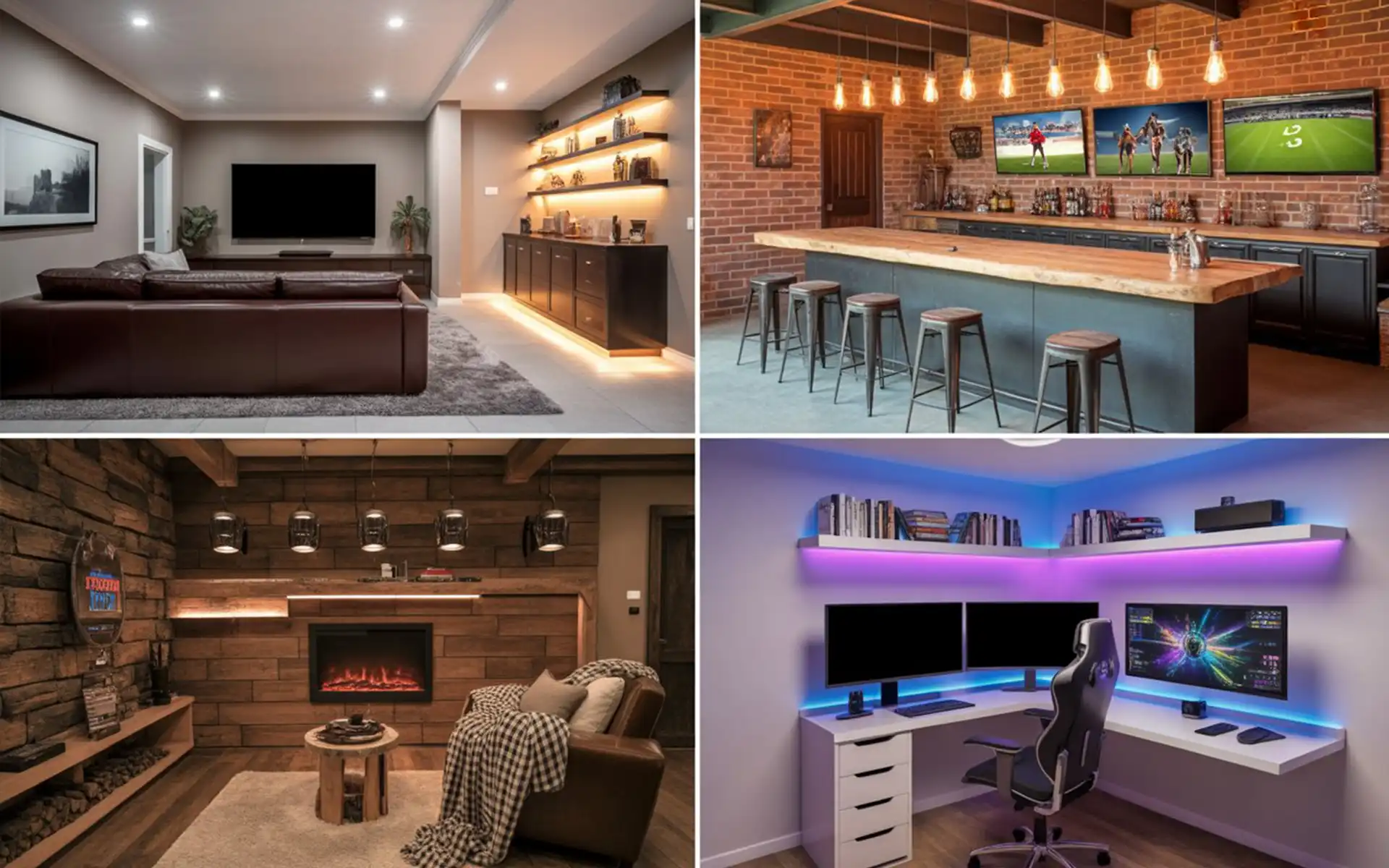 Industrial style basement sports bar with brick walls and multiple TV screens.