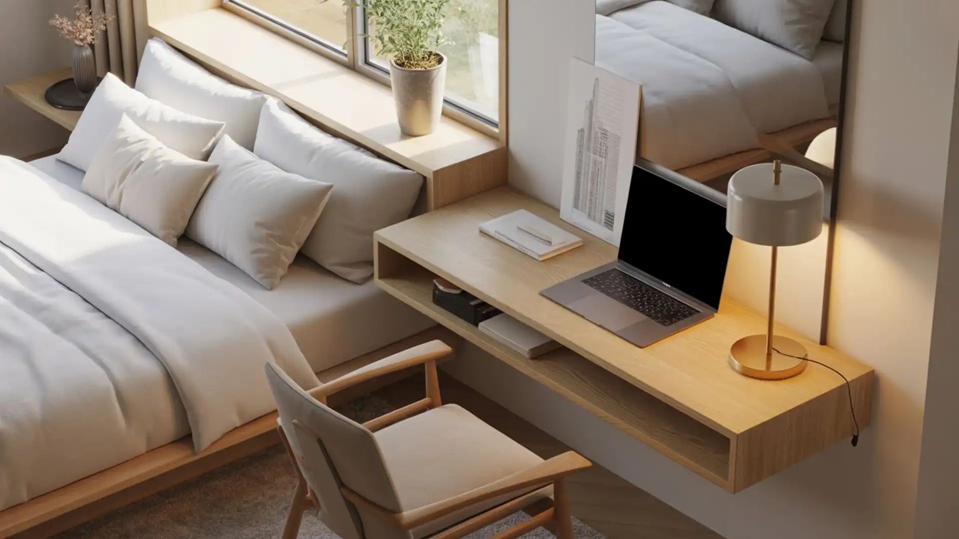 Small bedroom with a slim desk placed at the foot of the bed
Main keyword: small bedroom desk ideas
