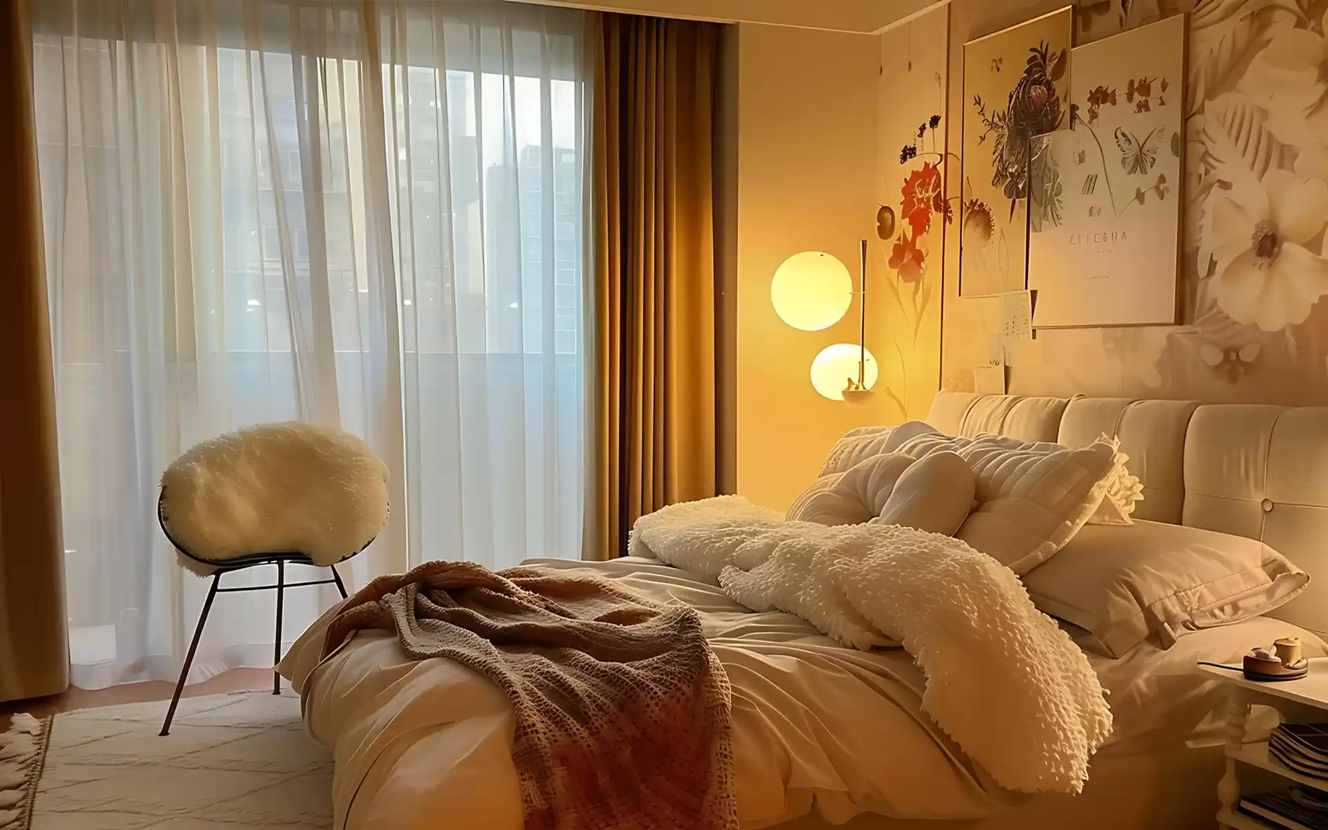 Bedroom with sheer curtains and a warm bedside lamp for evening