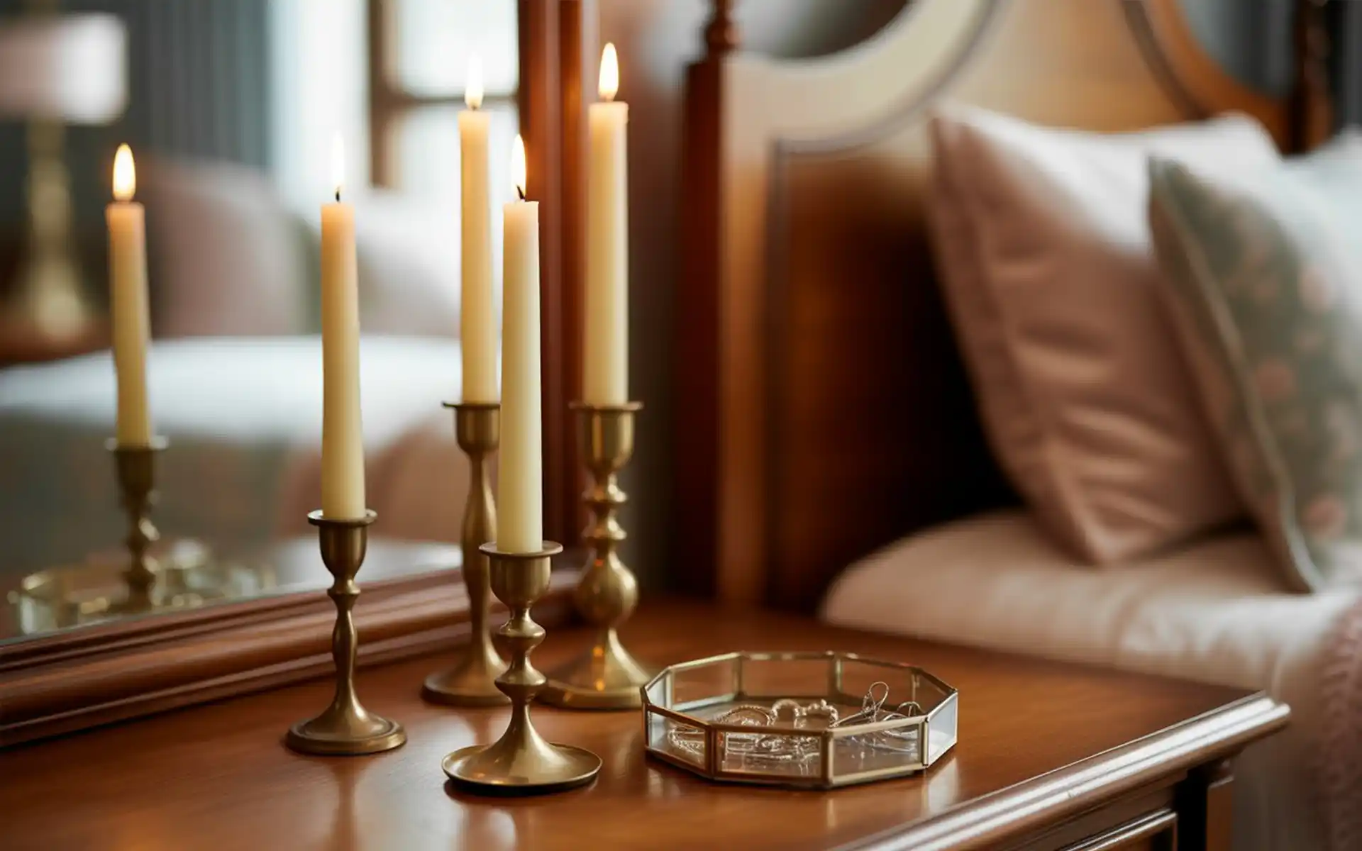 Close-up of pillows with delicate leaf and floral prints on a white bed