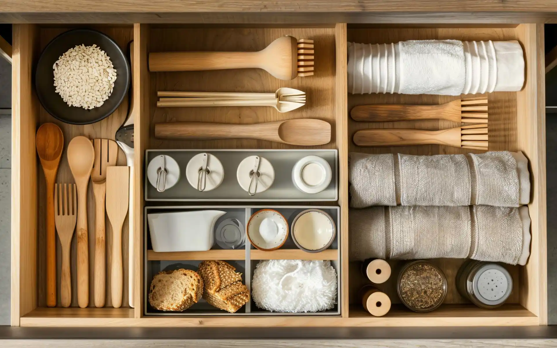 Wire shelf insert inside a cabinet holding stacked bowls