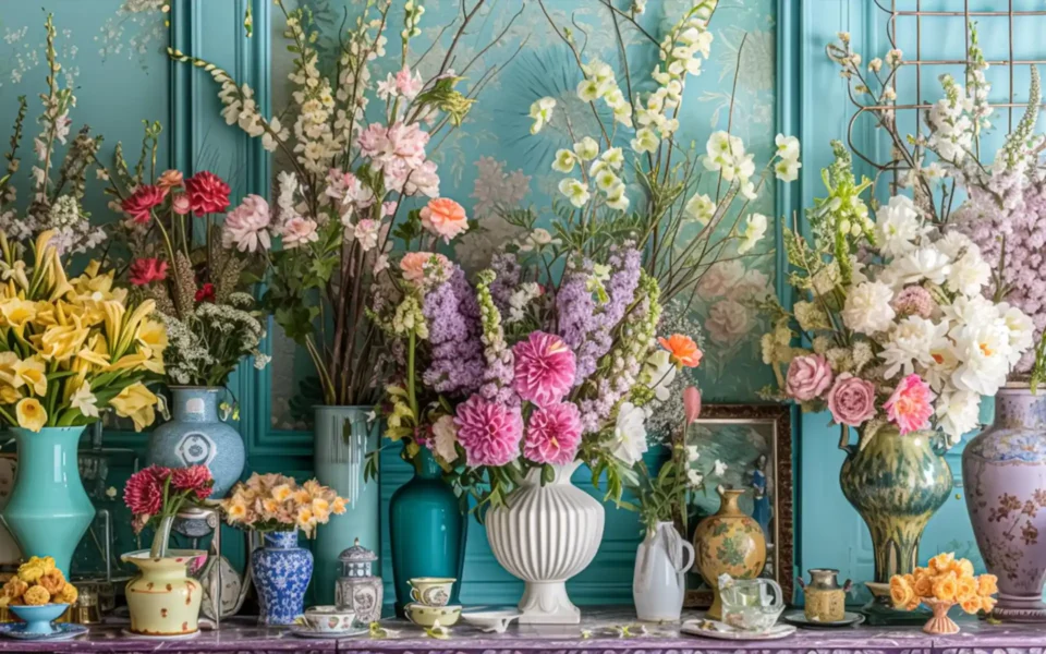 Tall glass vase with pink cherry blossom branches on a console table