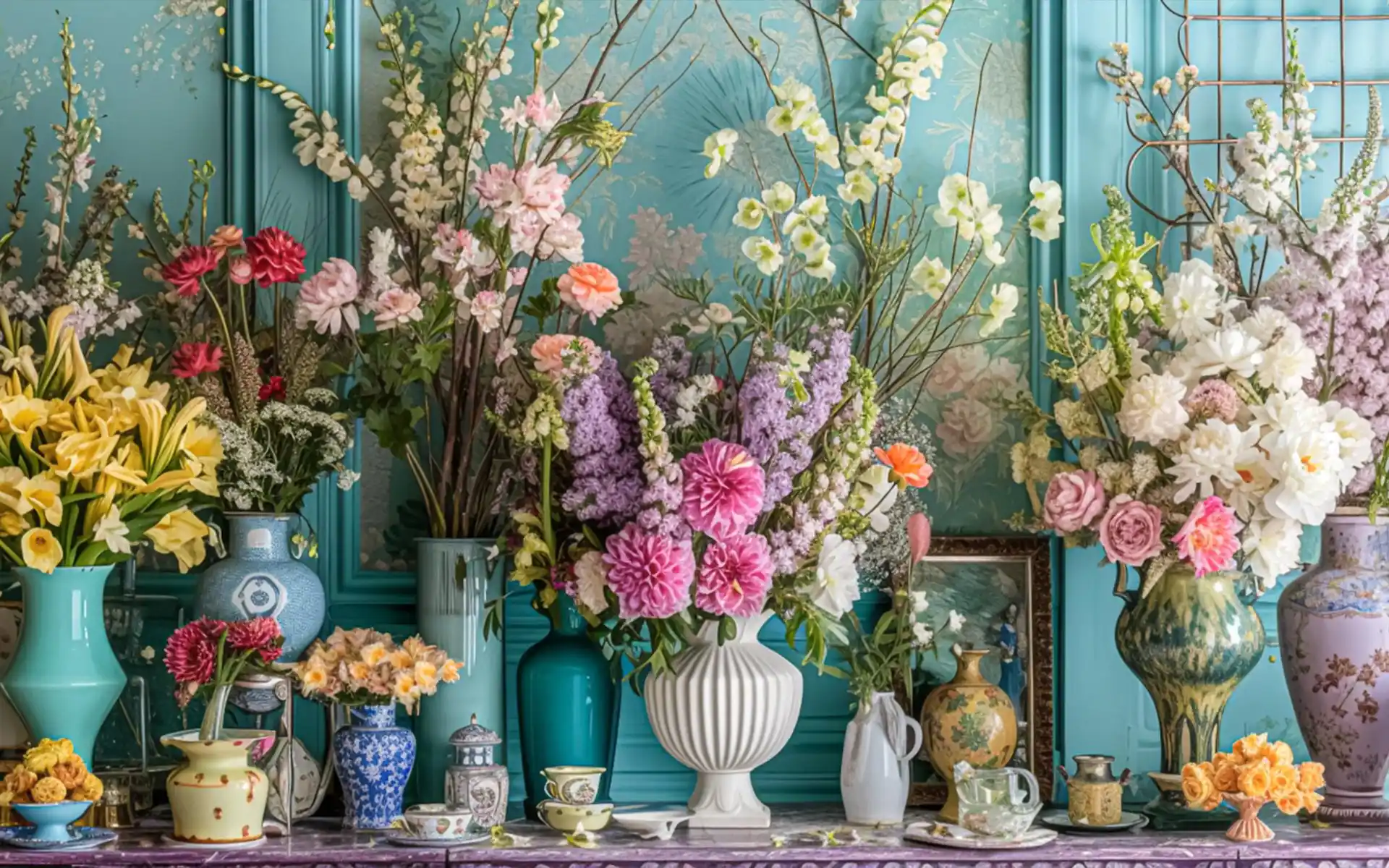 Tall glass vase with pink cherry blossom branches on a console table