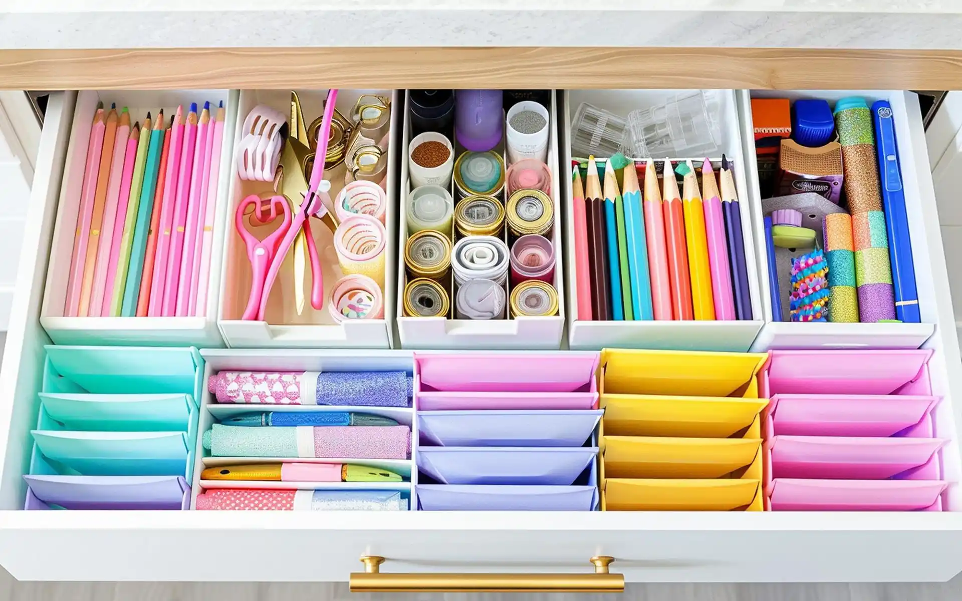 Clear acrylic drawers filled with colorful bobbins and pins
