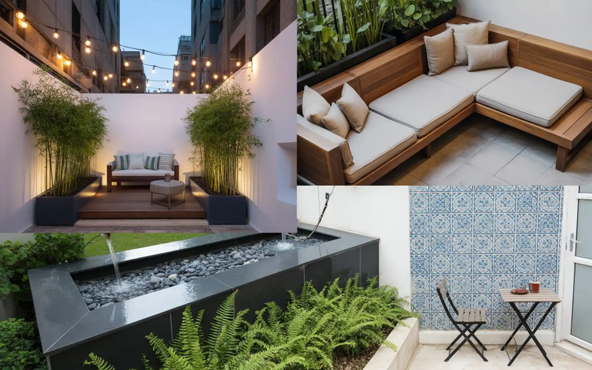 Modern black stone water fountain in a small private garden