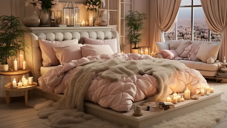 A cozy and stylish bedroom decorated with plush blush pink bedding, warm candlelight, a fluffy rug, and large plants for romantic bedroom inspiration.