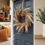 Cozy living room with fall decor, pumpkins, and a warm blanket