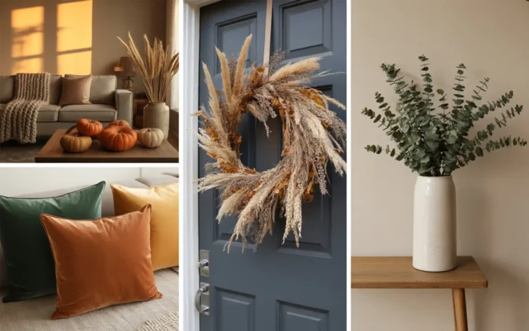 Cozy living room with fall decor, pumpkins, and a warm blanket