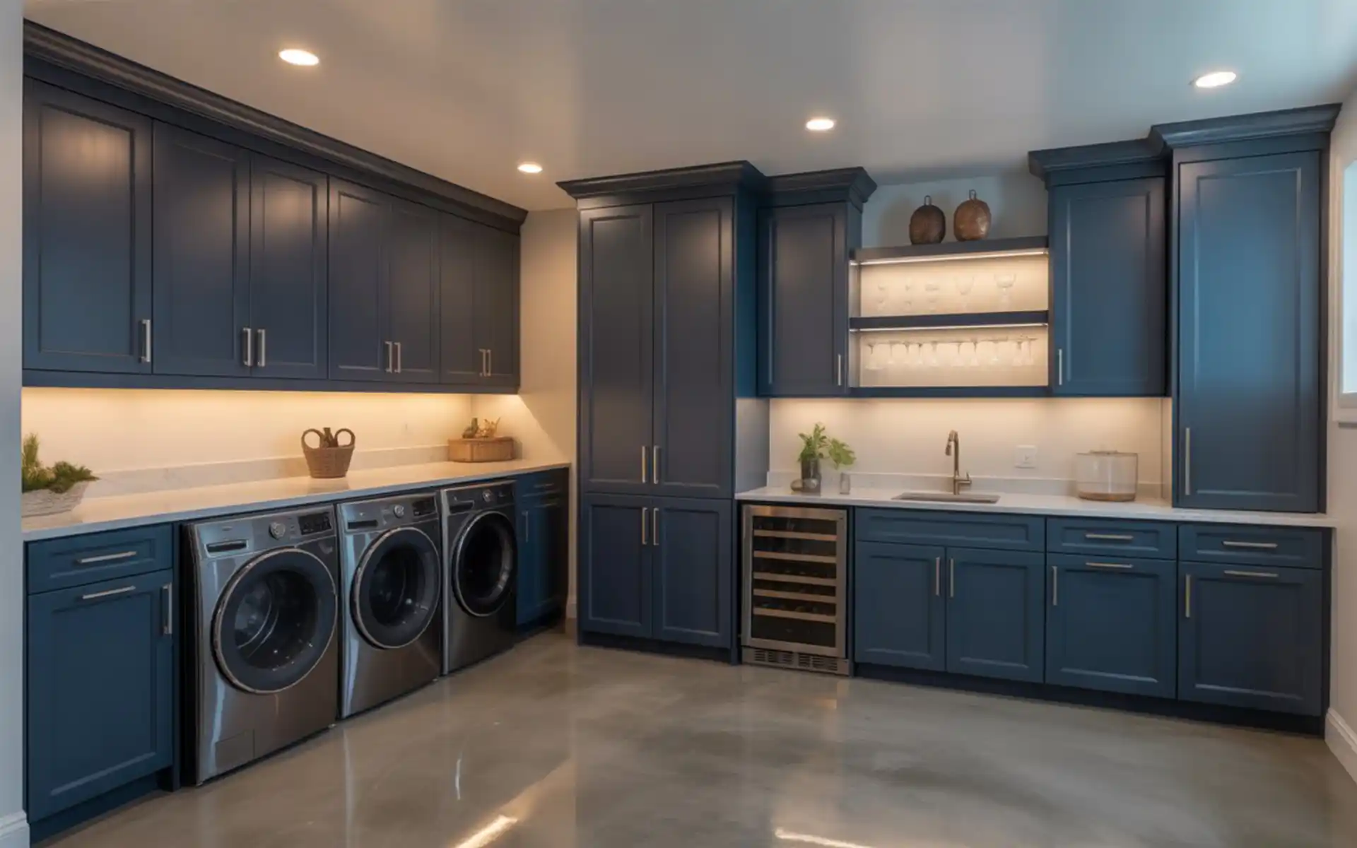 Final view of a beautifully finished basement combining living and storage space.