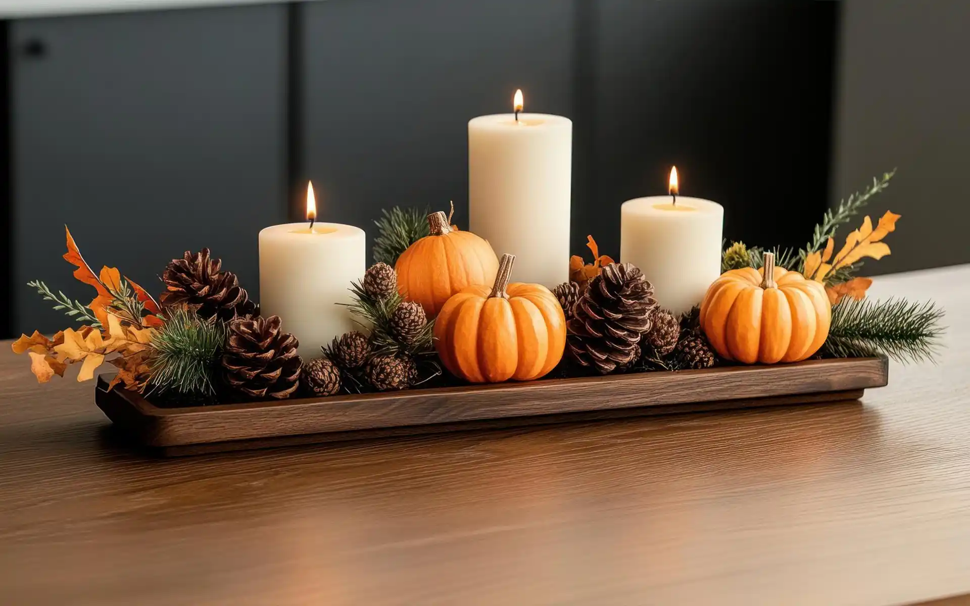 DIY centerpiece made with pinecones, branches, and candles