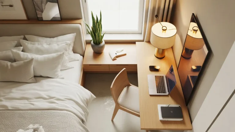 Modern small bedroom with a clever corner bed layout and light colors