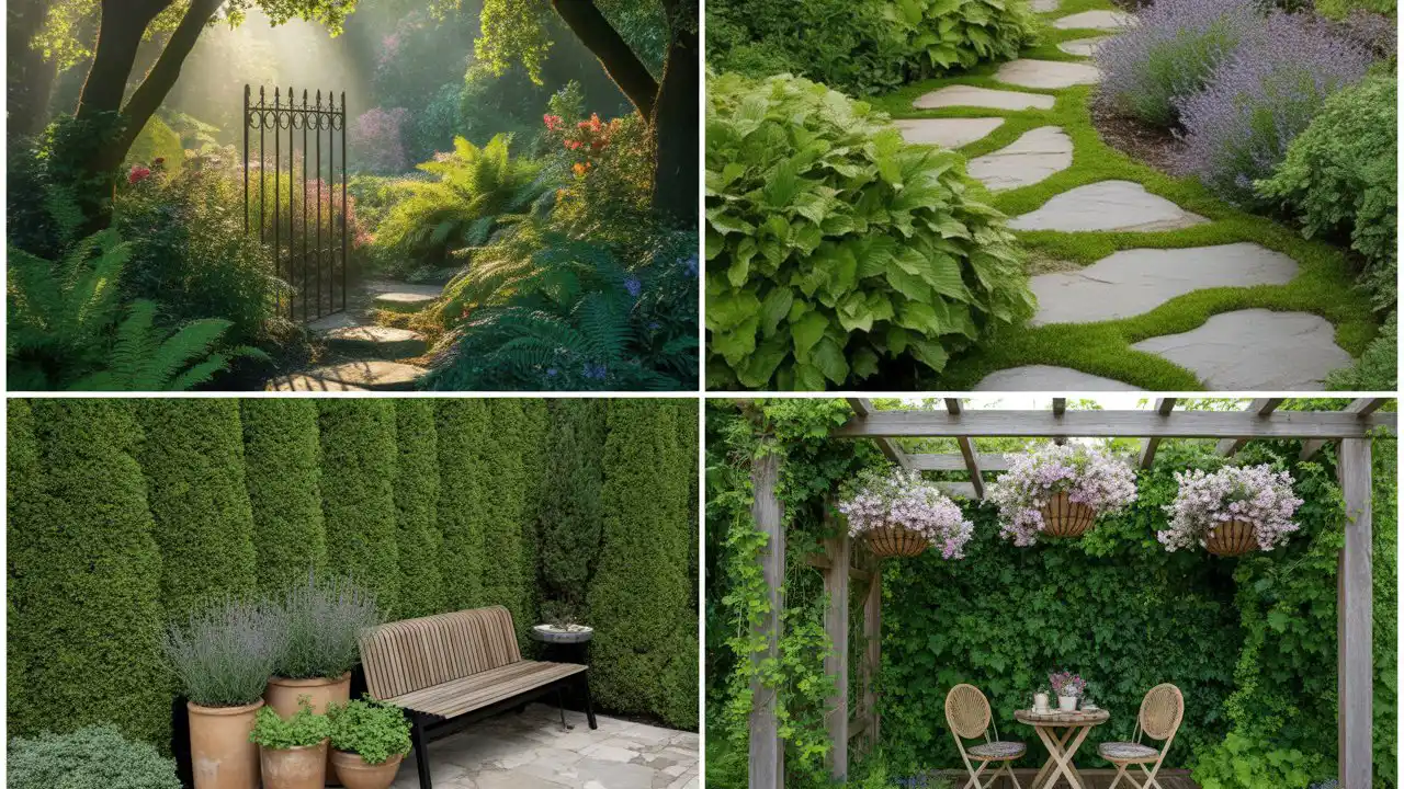 Wooden pergola covered in climbing green vines with hanging plants
