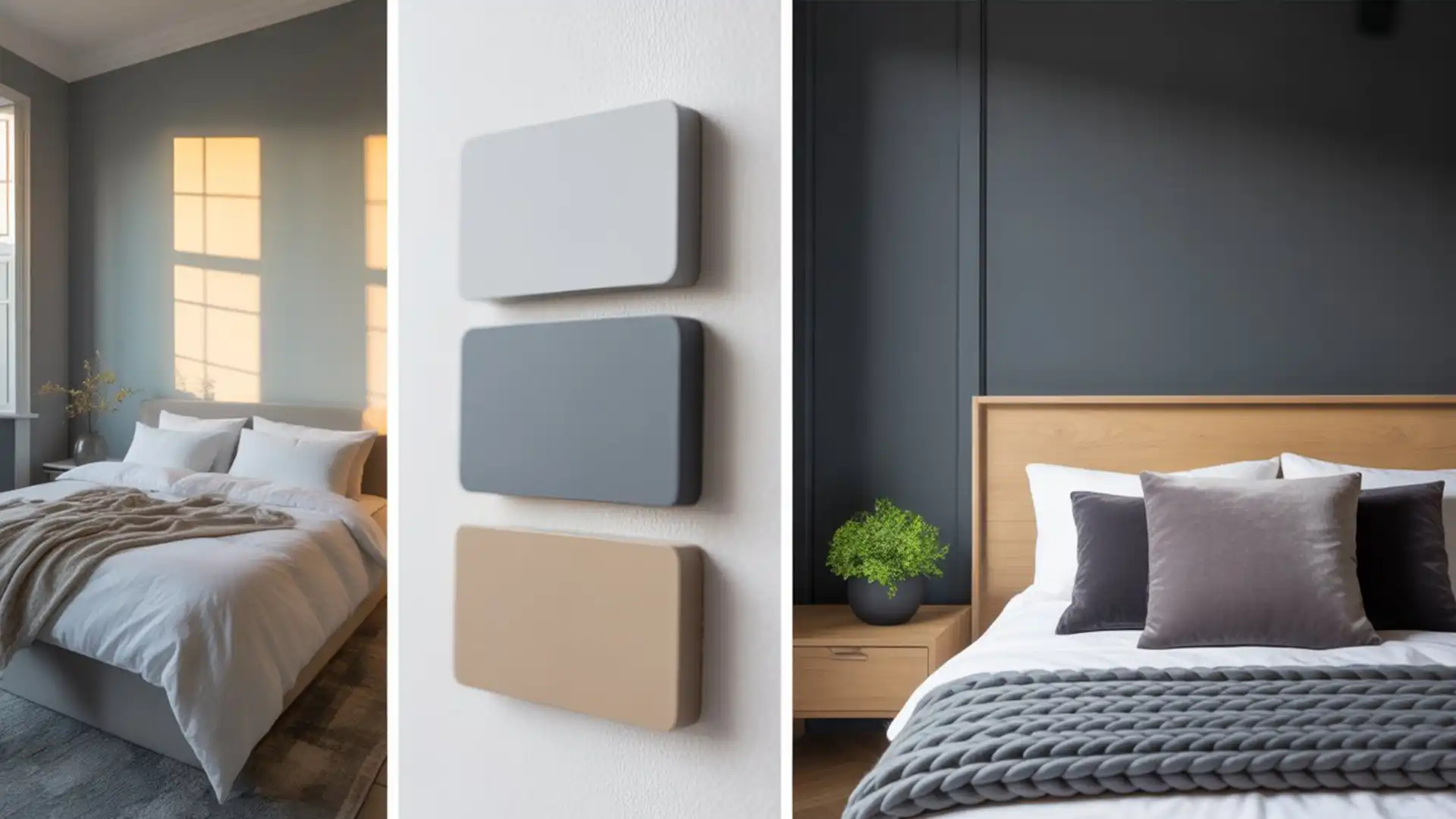 Three different paint swatches of grey on a white wall.
