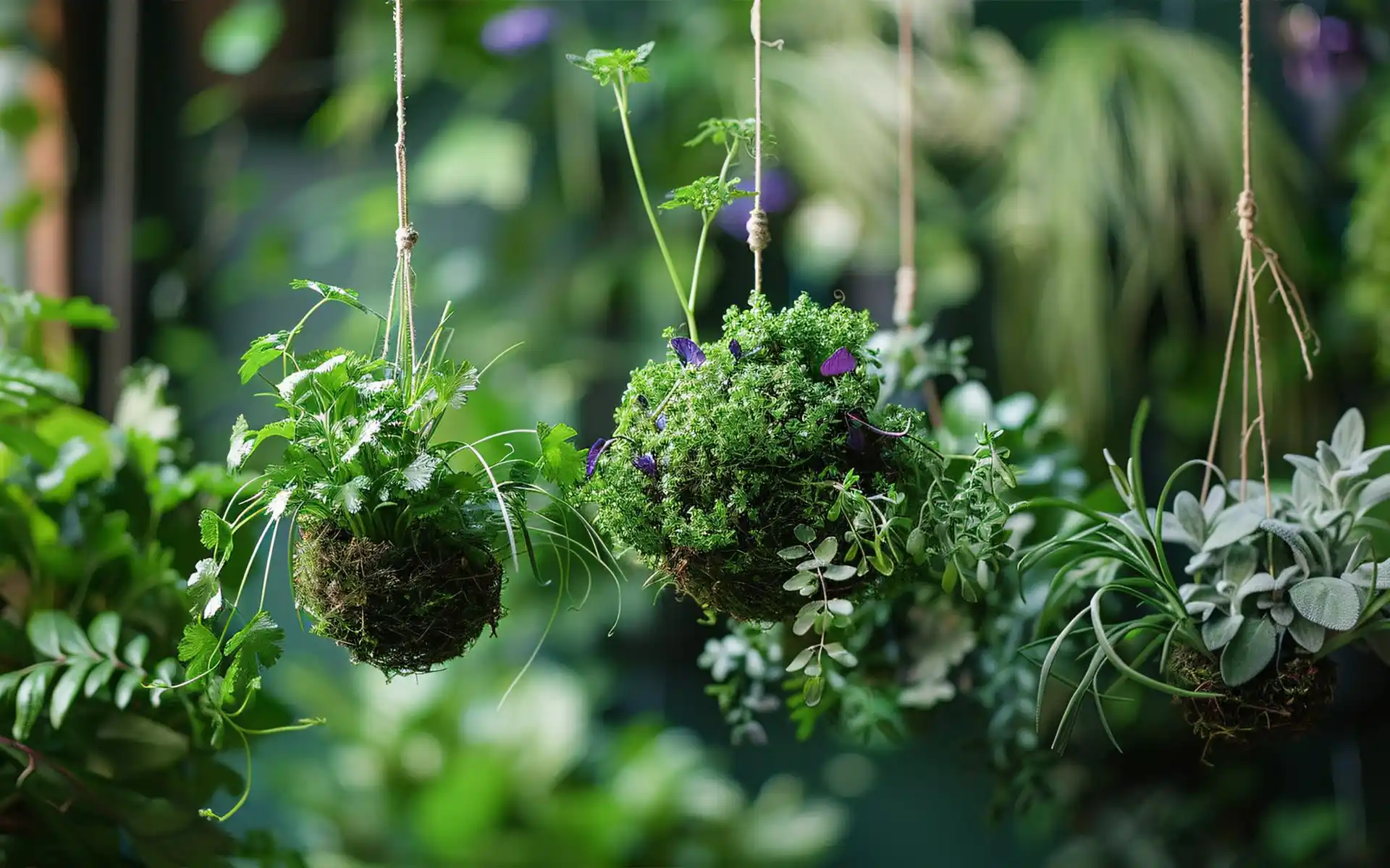Herbs growing in macramé hanging baskets on a balcony ceiling
