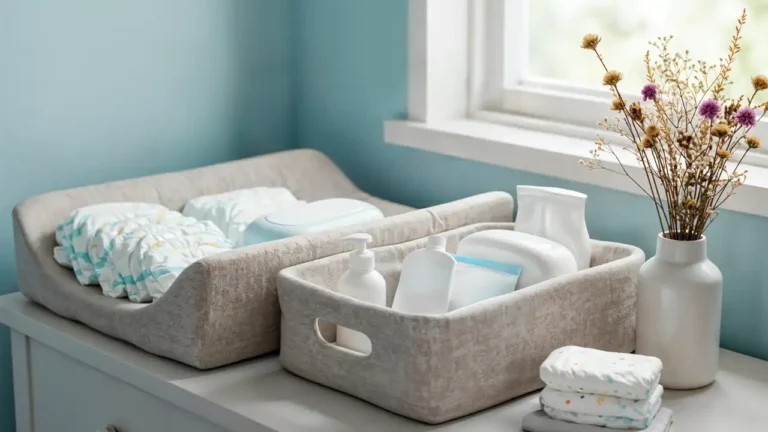 A clean and organized nursery changing station with diapers and baby supplies in beige fabric storage bins on a white dresser against a light blue wall.