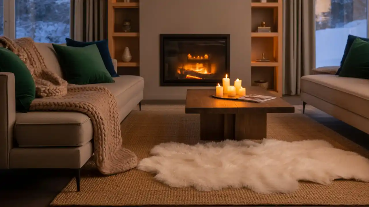 A plush white rug layered over a larger jute rug in a living room