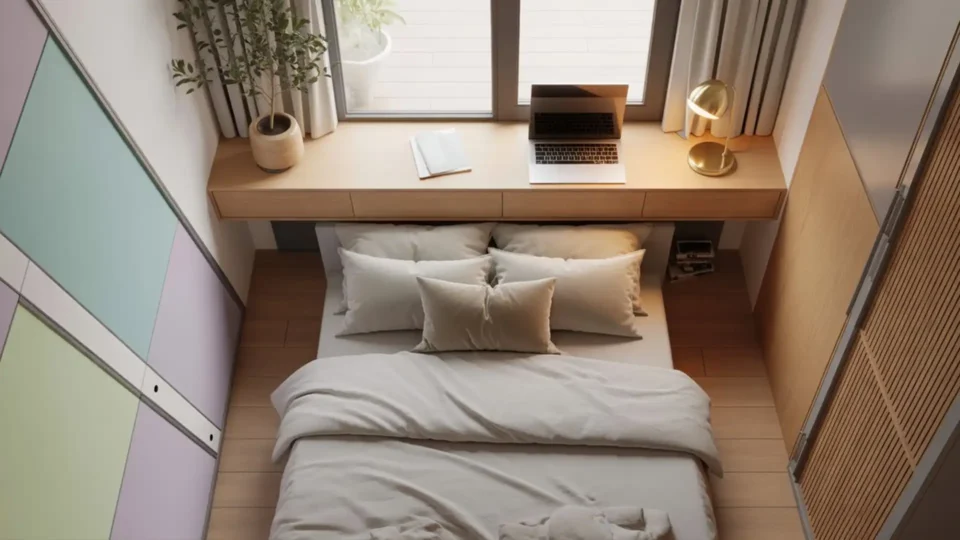 High-ceiling bedroom with a loft bed and a workspace underneath Main keyword: loft bed for adults