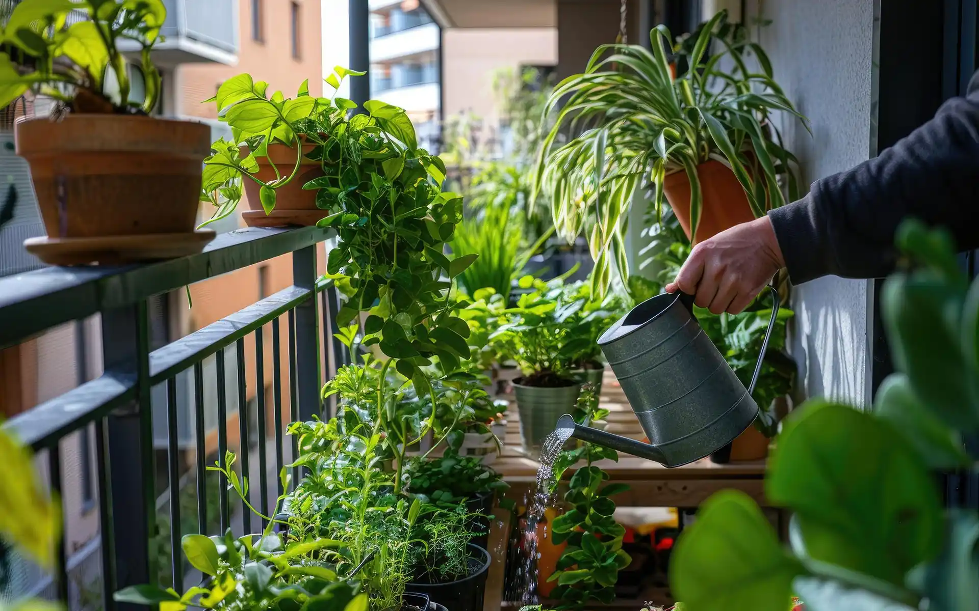 Small magnetic tins with herbs attached to a metal balcony railing