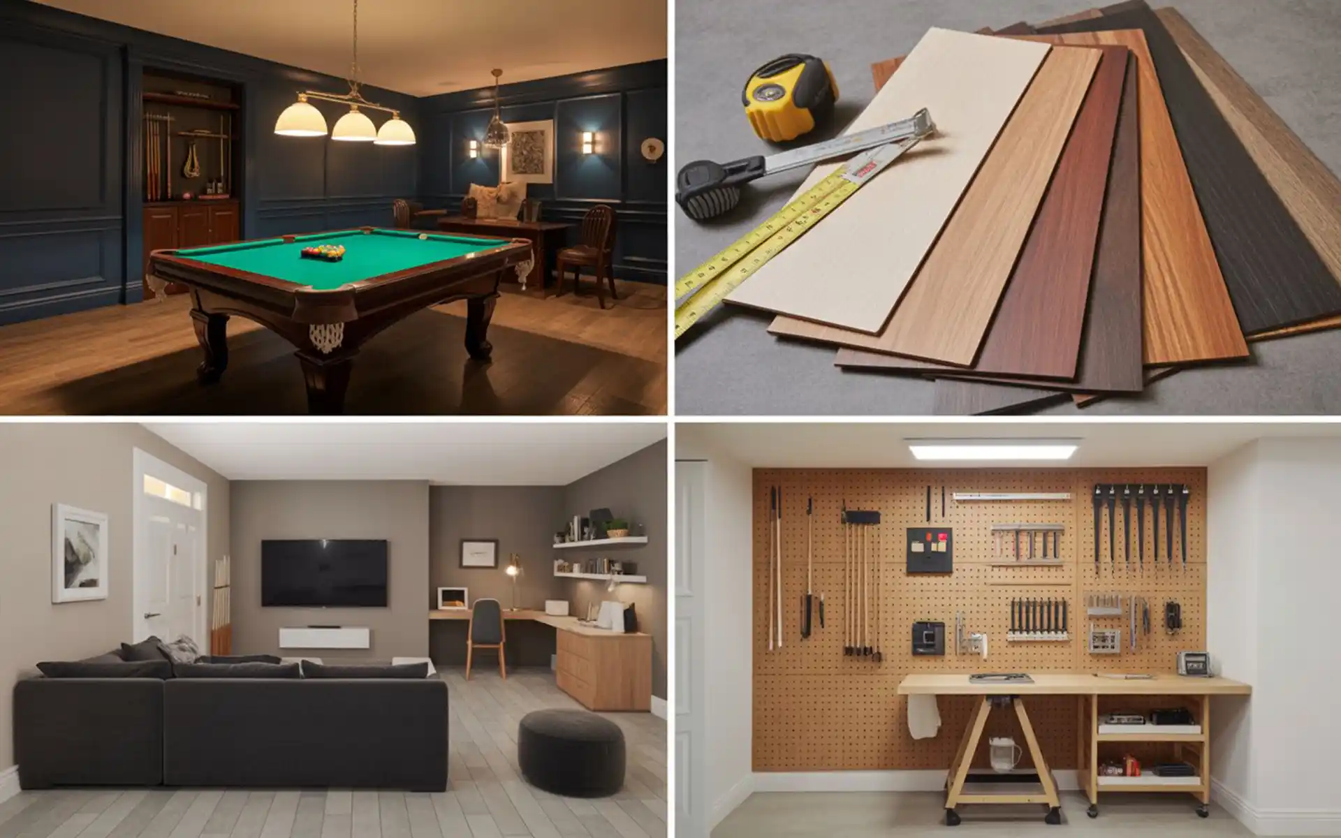 Organized basement hobby workshop with pegboard and bright task lighting.