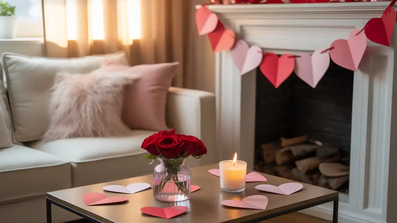 White painted mason jar with a heart-shaped window glowing with a candle