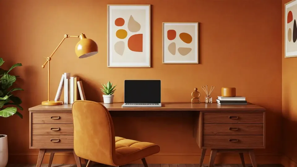 Modern home office with terracotta orange walls, a mid-century wooden desk, yellow task lamp, and abstract wall art for creative workspace inspiration.