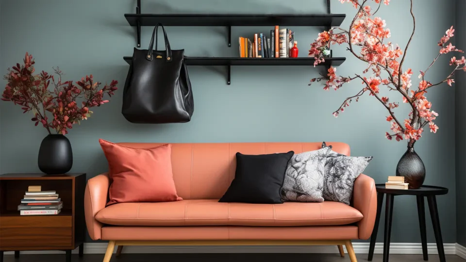 Modern living room featuring a peach leather sofa, black wall shelves, and floral cherry blossom arrangements against a sage green wall.