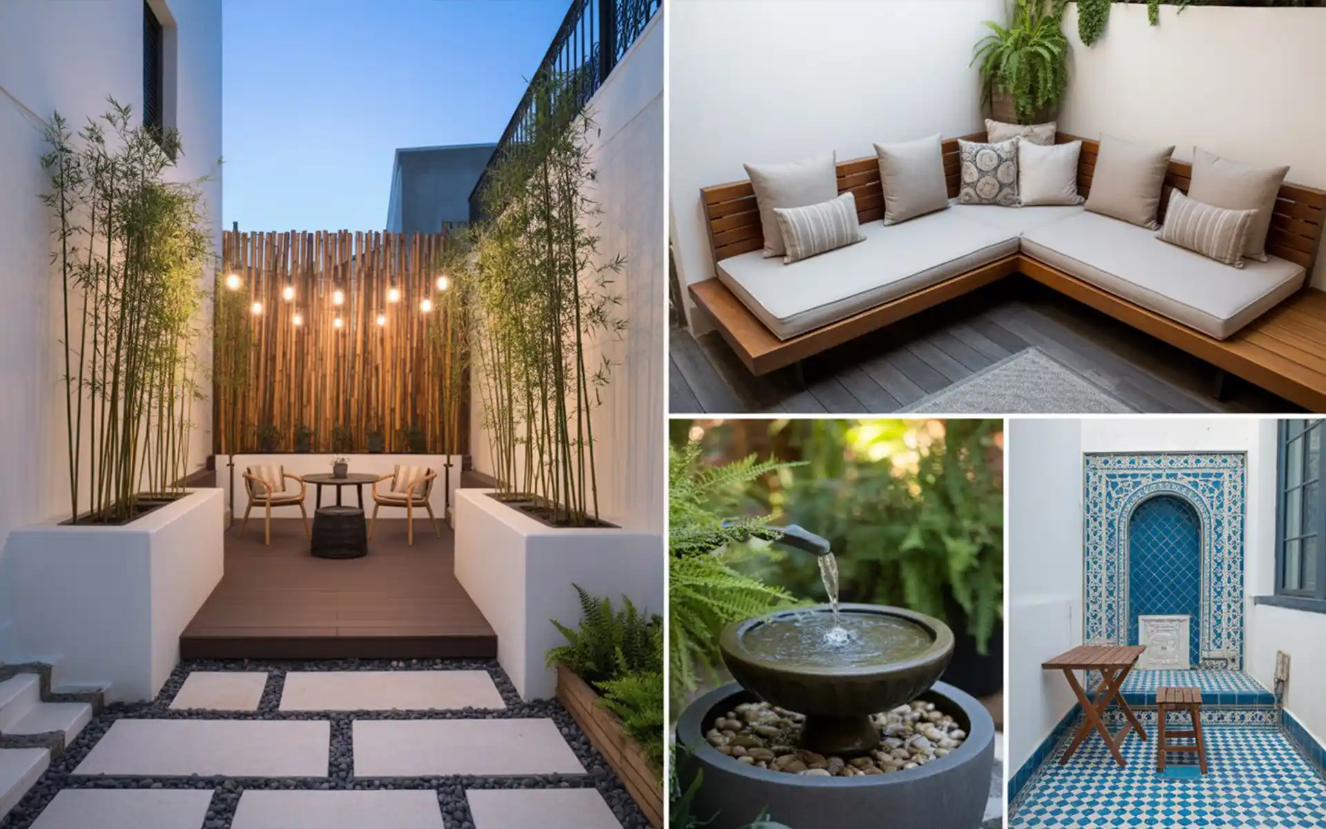 Colorful patterned tile wall in a small outdoor space