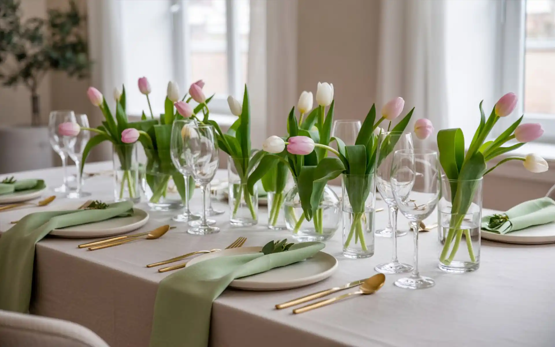 Natural green moss runner on a wooden dining table
