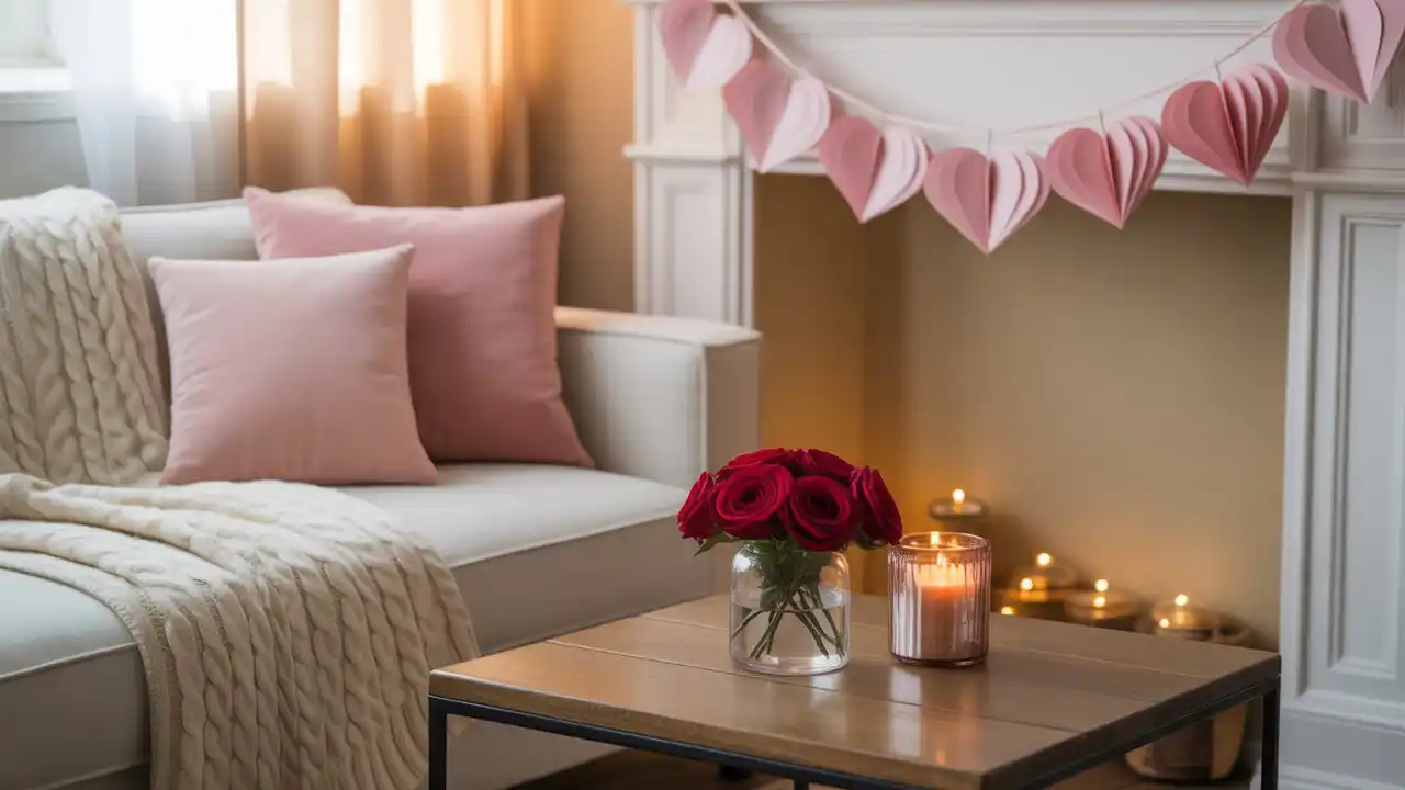 Framed wall art featuring a grid of ombre pink paper hearts