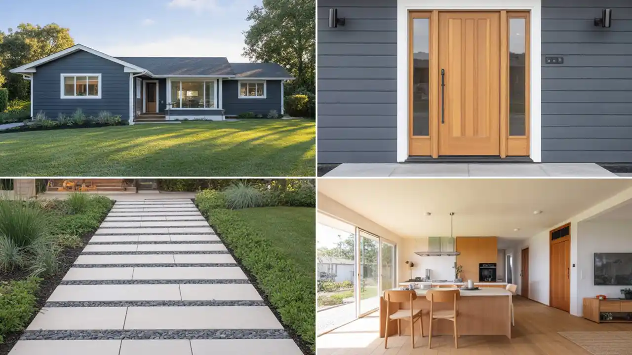 Modern light wood front door with glass panes on a ranch home