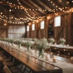 Beautiful rustic wedding reception with wooden tables and warm lighting