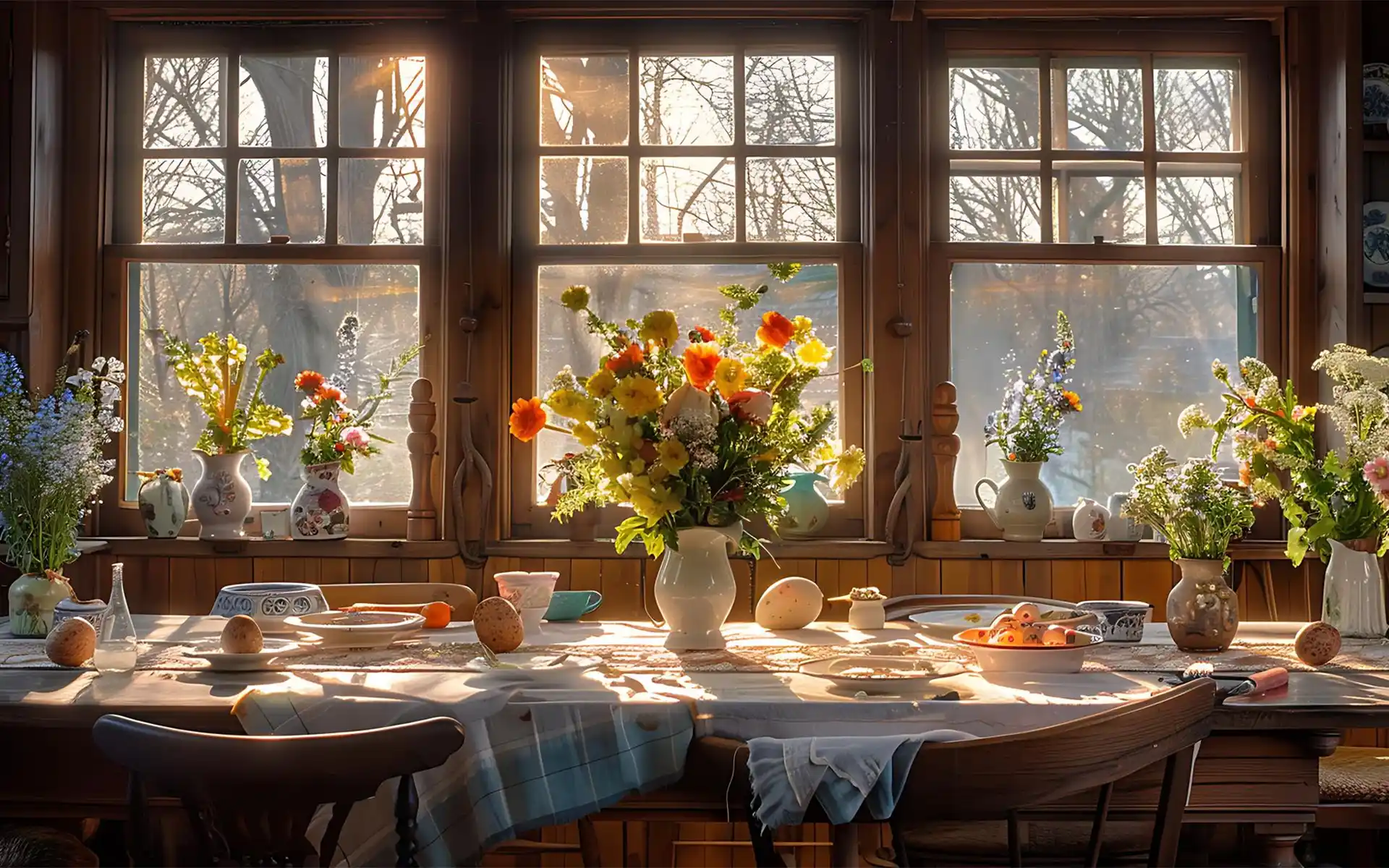 Wide view of a dining room styled for spring with consistent colors