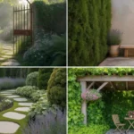 Lush hidden garden with an arched gate and stone path