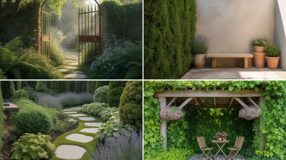 Lush hidden garden with an arched gate and stone path