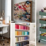 Organized sewing room with a white desk and wall-mounted pegboard