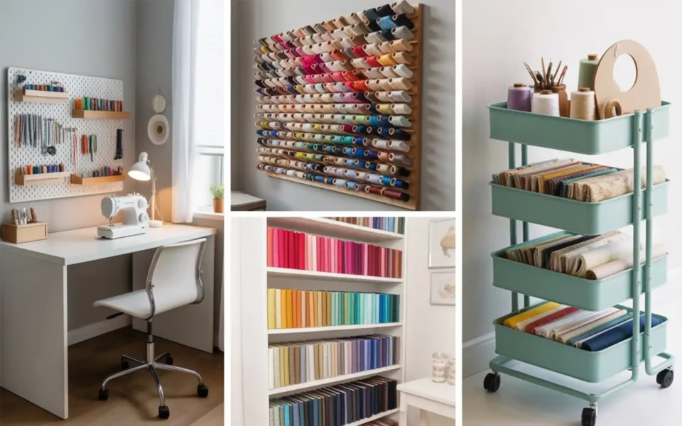 Organized sewing room with a white desk and wall-mounted pegboard