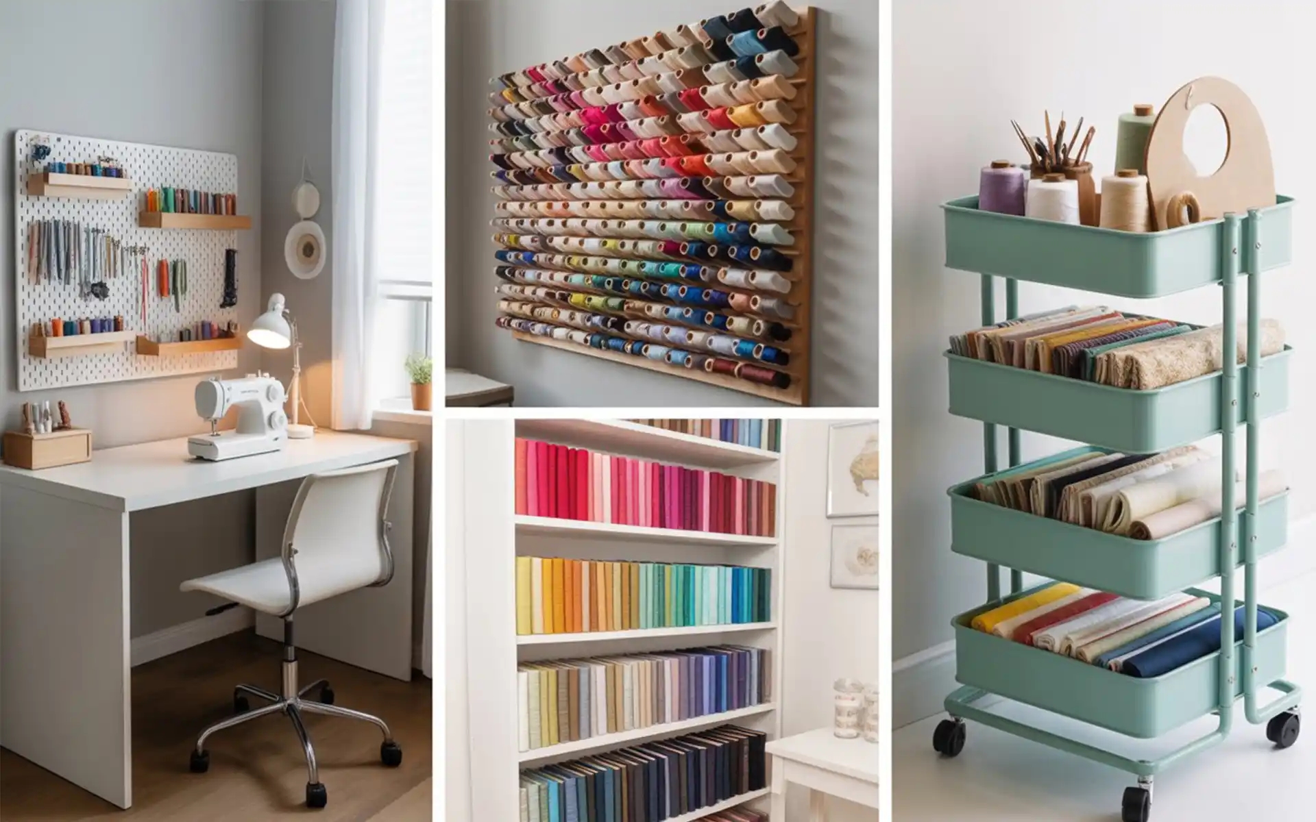 Organized sewing room with a white desk and wall-mounted pegboard