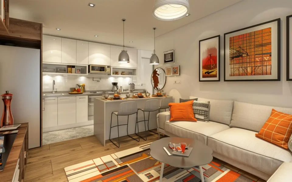 Bright modern small apartment with light wood floors and multi-functional furniture