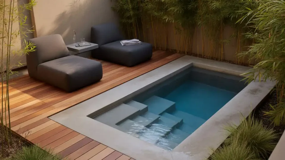 Modern rectangular plunge pool in a small backyard with wooden decking