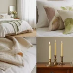 Elegant spring bedroom with light linen bedding and fresh green plants