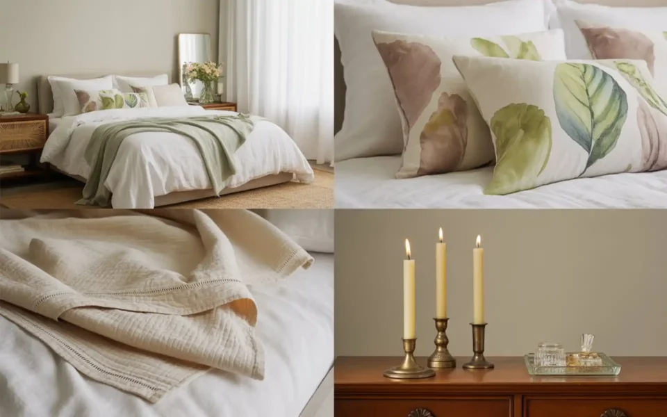 Elegant spring bedroom with light linen bedding and fresh green plants