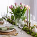 Elegant spring tablescape with pastel linens and fresh tulips