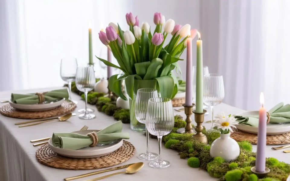 Elegant spring tablescape with pastel linens and fresh tulips