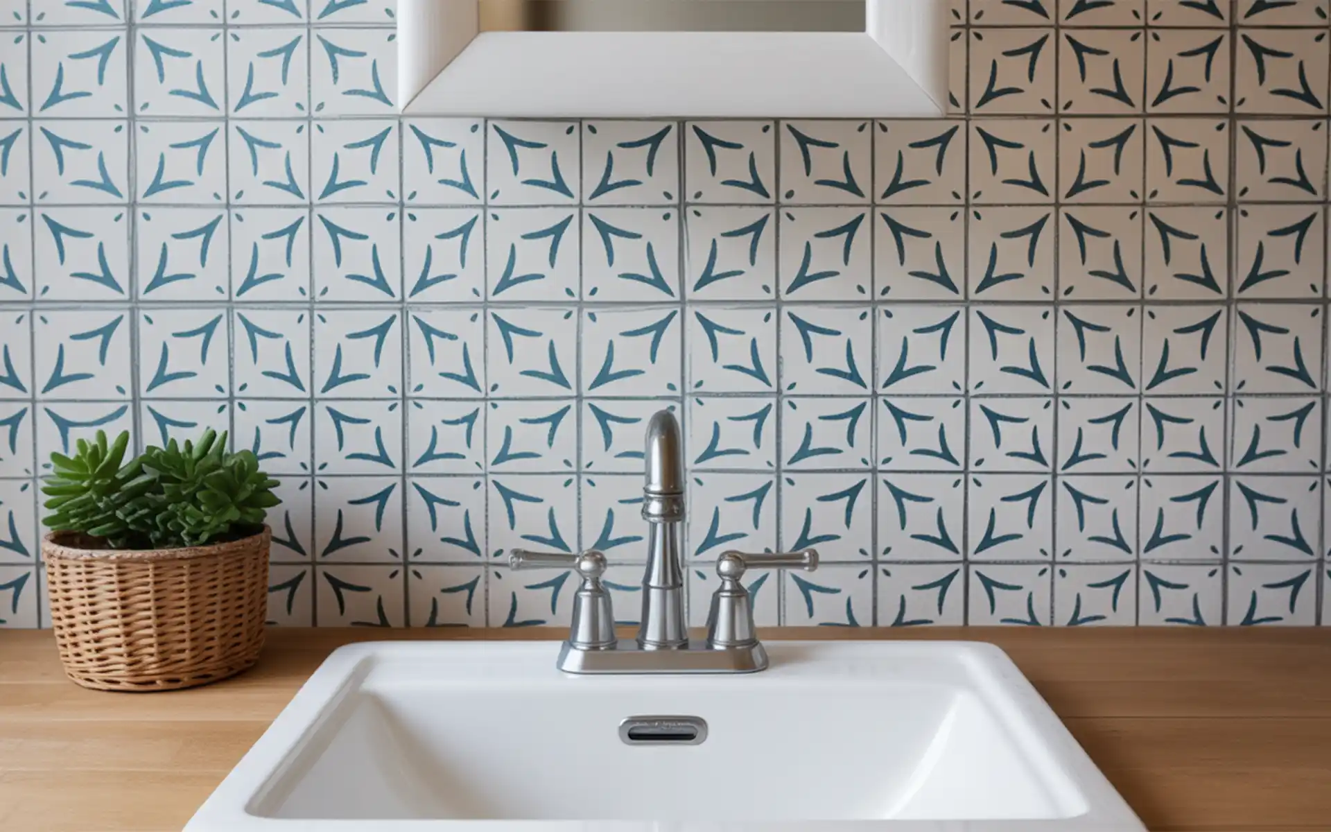 DIY painted stencil backsplash with a blue geometric pattern
