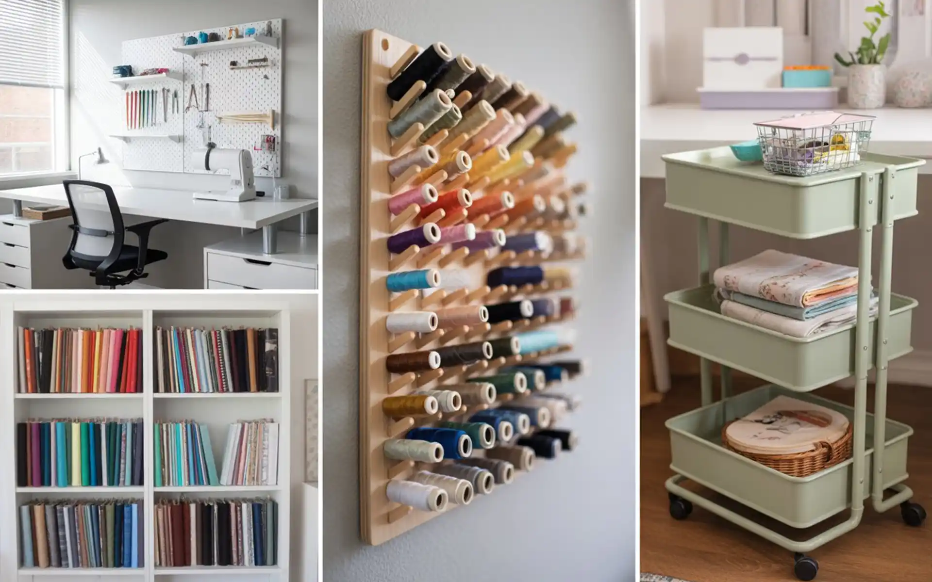 Wall-mounted wooden thread rack with spools arranged by color